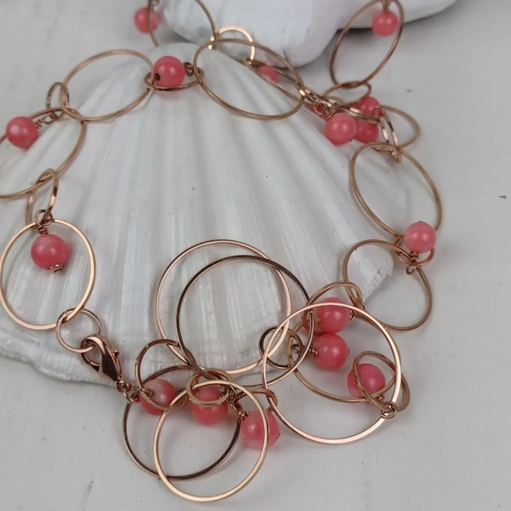 Dainty Gold Ring Chain Link Hoop & Coral Peachy Beads Necklace